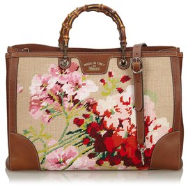 Gucci-Gucci Brown Bamboo Needlepoint Canvas Satchel-Castaño,Multicolor,Beige
