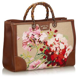 Gucci-Gucci Brown Bamboo Needlepoint Canvas Satchel-Brown,Multiple colors,Beige