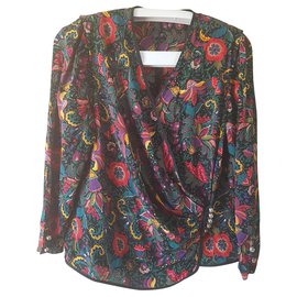 Vintage-Blusa de seda floral vintage-Multicor