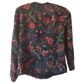 Vintage-Blusa de seda floral vintage-Multicor