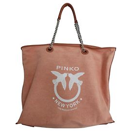 Bolsa Tote Pinko Barrito em Lona Rosa Marrom Prata Rosa