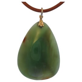 Autre Marque-Leather + aventurine stone necklace-Olive green