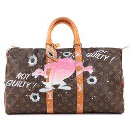 Louis Vuitton-Bolsa de viaje Louis Vuitton Keepall 45 lona personalizada Monogram "Fucking Taz" de PatBo!-Castaño