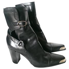 Sergio Rossi Black Leather Pointed Toe Ankle Boots Black