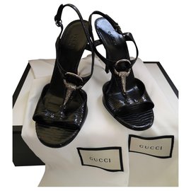 Gucci-Jewel sandals in lizard skin-Black