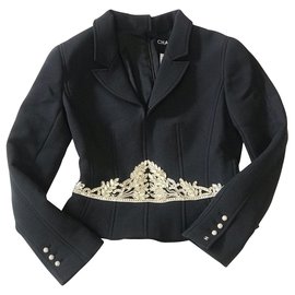 Chanel-Chanel Jacke aus schwarzer Wolle mit Strass bestickt-Schwarz,Silber