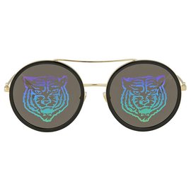 Gucci-Gucci Black/Gold  Frame Dark Grey upperr Print Lenses Sunglasses-Black
