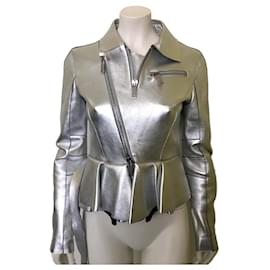 Dsquared2 Silvery Leather Biker Jacket Silvery