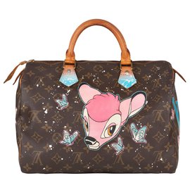 Louis Vuitton-Sac à main Louis Vuitton Speedy 30 Monogram customisé "Bambi" par PatBo !-Marron