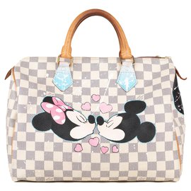 Louis Vuitton-Sac  à main Louis Vuitton Speedy 30 à damier azur customisé "Minnie&Mickey in Love" par PatBo !-Beige