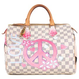 Louis Vuitton-Louis Vuitton Speedy Handbag 30 checkered azure pattern "Minnie & Mickey in Love" by PatBo!-Beige