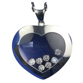 Chopard-Chopard 18kt White Gold Happy Diamonds 7 Diamond Floating Heart Necklace 31"-Metallic