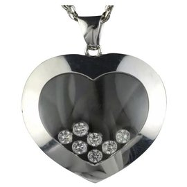 Chopard-Chopard 18kt oro blanco Happy Diamonds 7 Collar de corazón flotante de diamantes 31"-Metálico