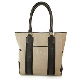 Thomas Burberry Burberry Beige / Grey Canvas & Black Leather Trim Handtasche Tote Große Einkaufstasche Beige
