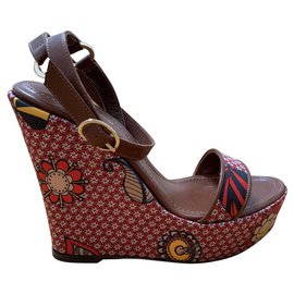 Sergio Rossi-Leather and silk wedges-Brown