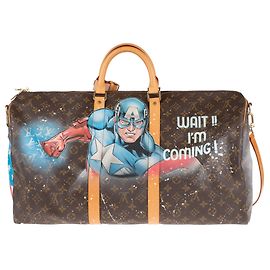 Louis Vuitton Keepall bag 55 customizable "Captain America" shoulder strap by artist PatBo! Brown