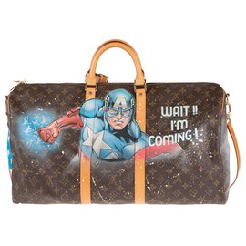 Louis Vuitton-Louis Vuitton Keepall bag 55 customizable "Captain America" shoulder strap by artist PatBo!-Brown