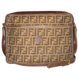 Fendi-FENDI vintage Zucca canvas bag and leather-Brown,Beige