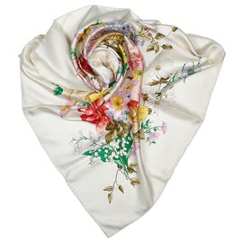 Gucci-Sciarpa Gucci in seta floreale bianca-Bianco,Multicolore,Crudo