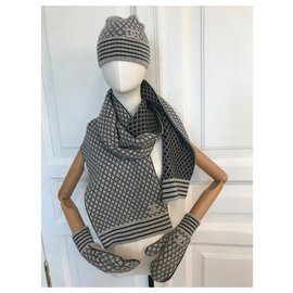 Chanel-Schal, Hut & Handschuhe Set Kaschmir-Schwarz,Grau