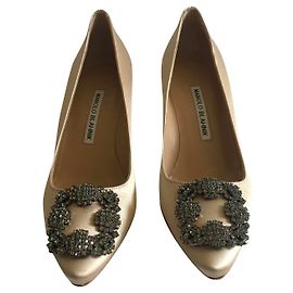 Manolo Blahnik Jewel Buckle Satin Pumps Beige Beige