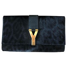 Yves Saint Laurent Chyc Negro Estampado de leopardo Azul oscuro