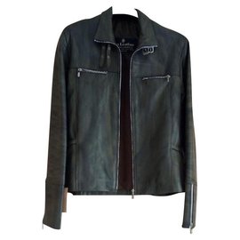 Autre Marque-Genuine leather jacket in green and black-Dark green