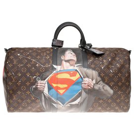 Louis Vuitton-SuperBag "Superman I on" Louis Vuitton 55 Macassar Crossbody Customized by PatBo!-Brown,Black