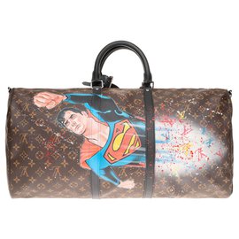 Louis Vuitton-SuperBag "Superman I on" Louis Vuitton 55 Macassar Crossbody Customized by PatBo!-Brown,Black