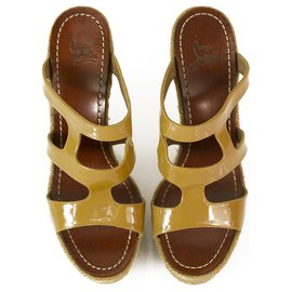 Christian Louboutin-CHRISTIAN LOUBOUTIN Salamanca Espadrille Beige Patent Leather Wedges Shoes sz 37-Beige