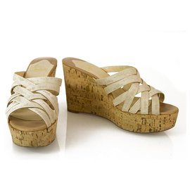 Christian Louboutin-Christian Louboutin Ivory Strappy Cork Platform Wedges Slingback Anckle Strap 39-Beige