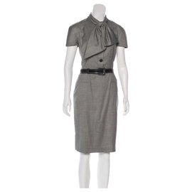 Christian Dior-Scarf neck wool belted dress-Grey