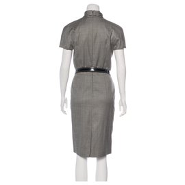 Christian Dior-Scarf neck wool belted dress-Grey