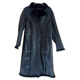 Autre Marque-Manteau noir femme en cuir et fourrure synthétique-Noir