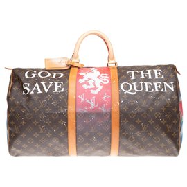 Louis Vuitton-Louis Vuitton Keepall 55 Monogram "God save the Queen" customized by PatBo!-Brown