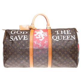 Louis Vuitton-Louis Vuitton Keepall 55 Monogram "God save the Queen" customisé par PatBo !-Marron