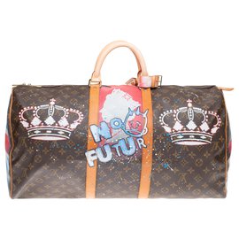 Louis Vuitton-Louis Vuitton Keepall 55 Monogram "God save the Queen" customized by PatBo!-Brown