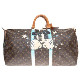 Louis Vuitton-Louis Vuitton Keepall 55 Monogramm "Mickey Fight Club II" von PatBo angepasst!-Braun