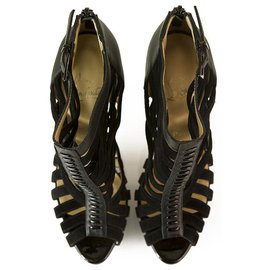 Christian Louboutin-Christian Louboutin Black Leather Karina 150 Caged Ankle Bootie Sandals-Black