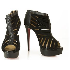 Christian Louboutin-Christian Louboutin Black Leather Karina 150 Caged Ankle Bootie Sandals-Black