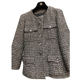 Ikone Jacke Chanel Tweed Schwarz Weiß Golden Metallisch