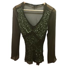 Tara Jarmon silk chiffon tunic with green sequins Khaki Olive green
