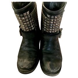 Ash TENNESSE Nickel Studded Black Leather Biker Boots Black