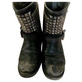 Ash-TENNESSE Nickel Studded Black Leather Biker Boots-Black