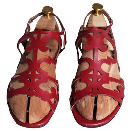 Hermès-openwork red sandals-Red
