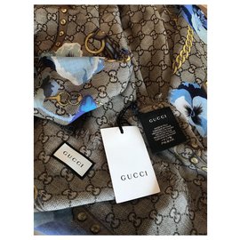 Gucci-gucci, GUCCI SCARF FLORAL BLU NEW-Bleu,Beige