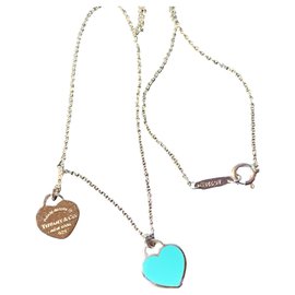 Tiffany & Co-Cadeia bonita e 2 Corações de prata e email Marca azul turquesa Tiffany;-Azul