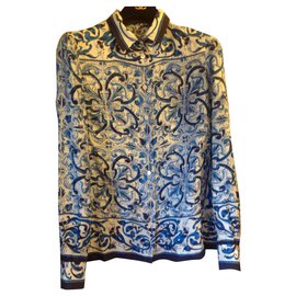 Dolce & Gabbana-Camisa estampada de seda-Branco,Azul,Azul marinho