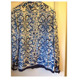 Dolce & Gabbana-Camisa de seda estampada-Blanco,Azul,Azul marino