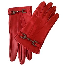 Gucci-GUCCI  gloves  red leather gloves with silver-Red